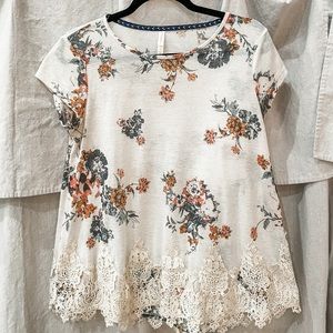 Floral Tee with Lace Detail